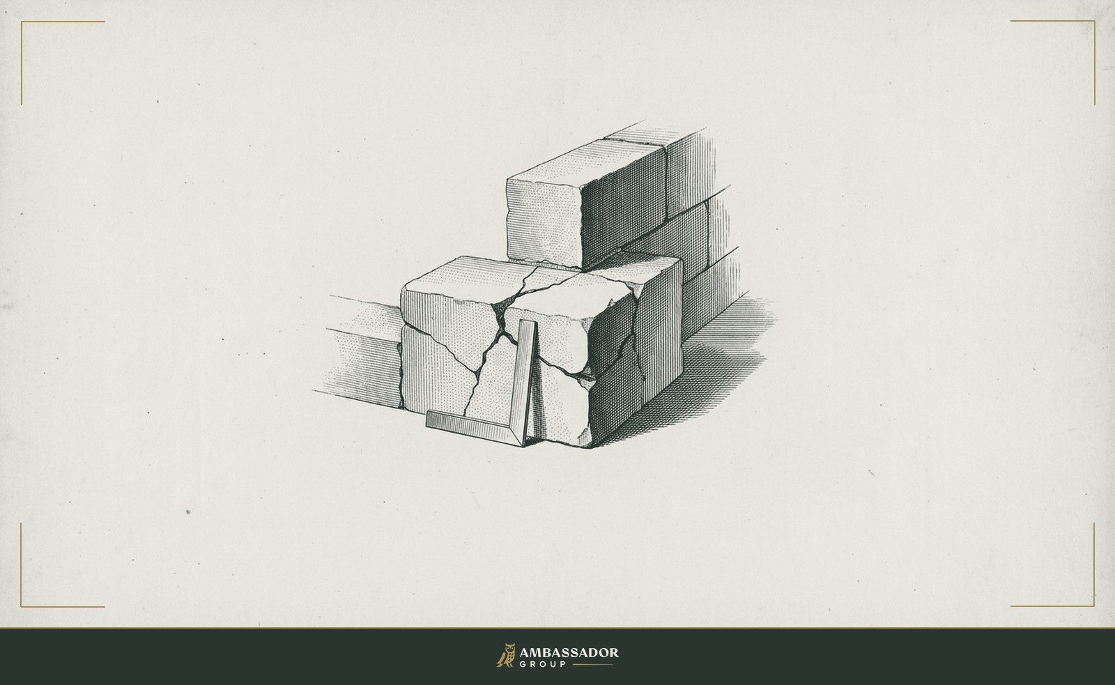 Antique engraving illustration. A cracked cornerstone at the base of a half-built wall, with a carpenter's square resting against it at an imperfect angle.