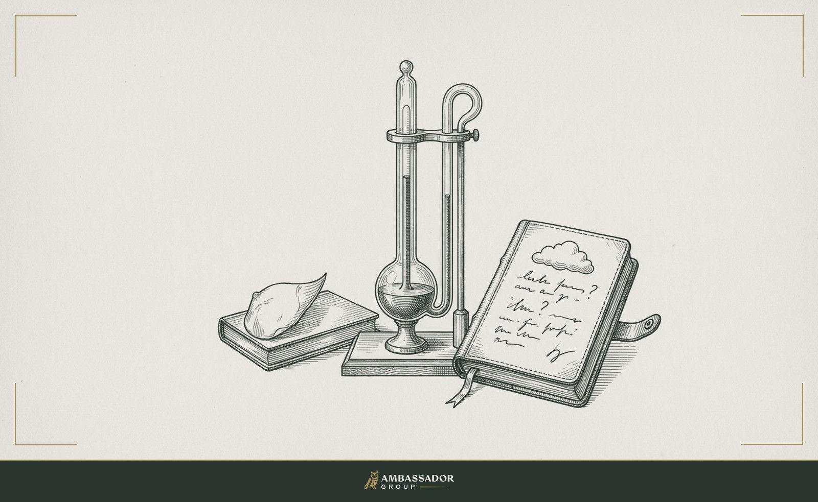 Antique engraving illustration. A sealed glass barometer beside an open field journal, its reading steady but the handwritten entry beneath questioning the certainty of fair weather ahead.