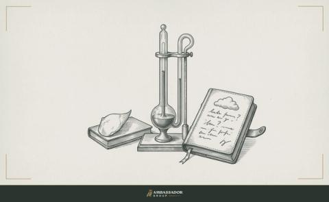 Antique engraving illustration. A sealed glass barometer beside an open field journal, its reading steady but the handwritten entry beneath questioning the certainty of fair weather ahead.