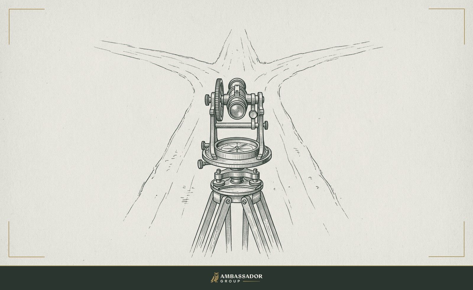 Antique engraving illustration. A surveyor's transit on a tripod, pointing down an unmarked road that forks into three diverging paths with no signage.
