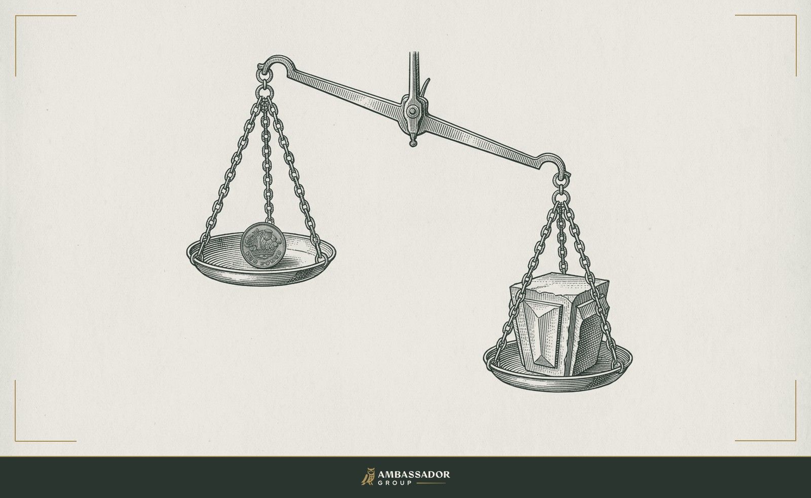 Antique engraving illustration. A merchant's scale with a coin on one pan and a keystone on the other, the beam dipping toward the stone, leverage, not weight, determining the true value of the exchange.