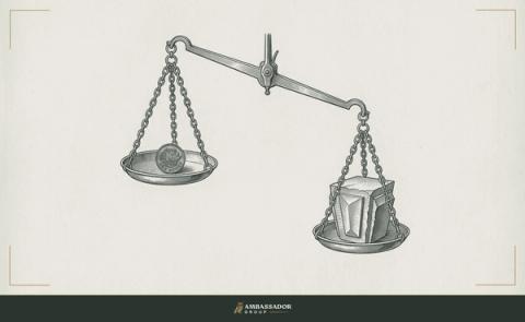 Antique engraving illustration. A merchant's scale with a coin on one pan and a keystone on the other, the beam dipping toward the stone, leverage, not weight, determining the true value of the exchange.