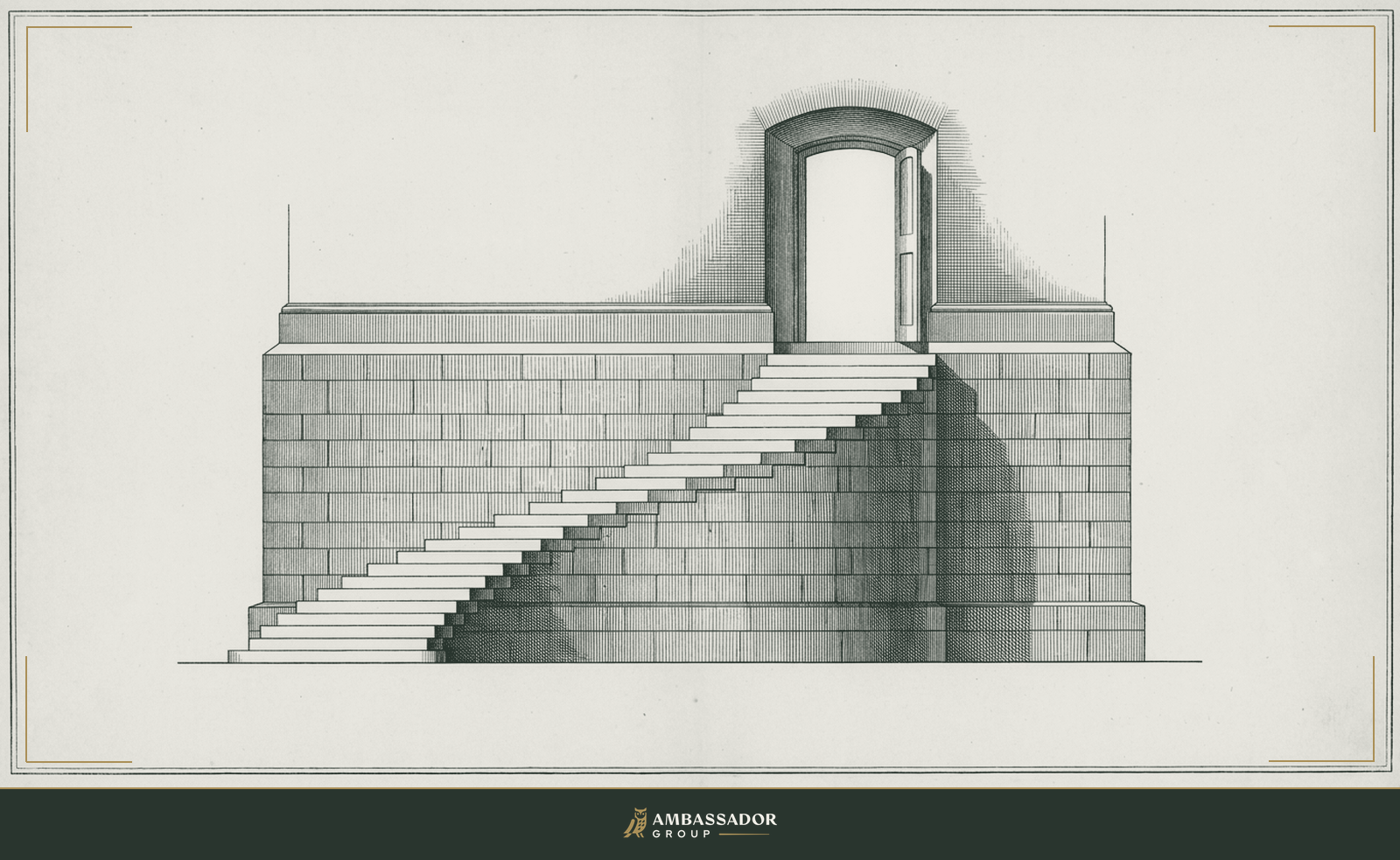 Engraving of a stone foundation with a staircase rising to a lit doorway, depicting a durable construction career built step by step.