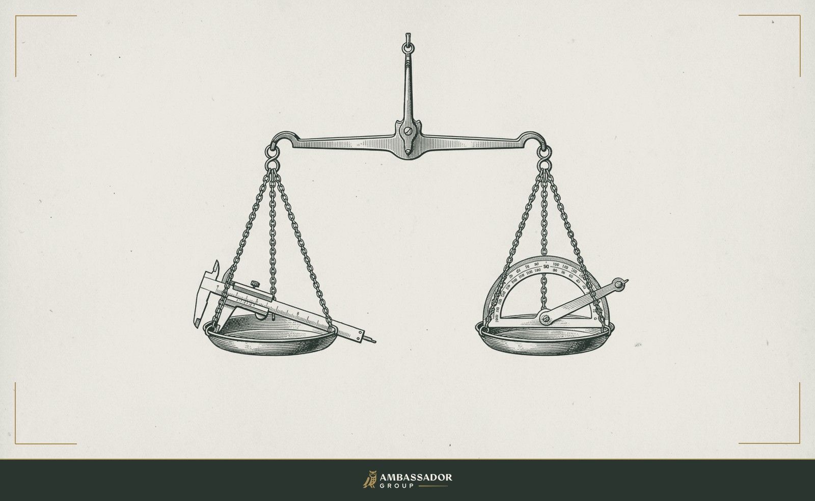 Antique engraving illustration. A balance scale with a caliper in one pan and a protractor in the other, both pans level.