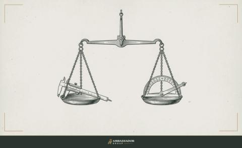 Antique engraving illustration. A balance scale with a caliper in one pan and a protractor in the other, both pans level.
