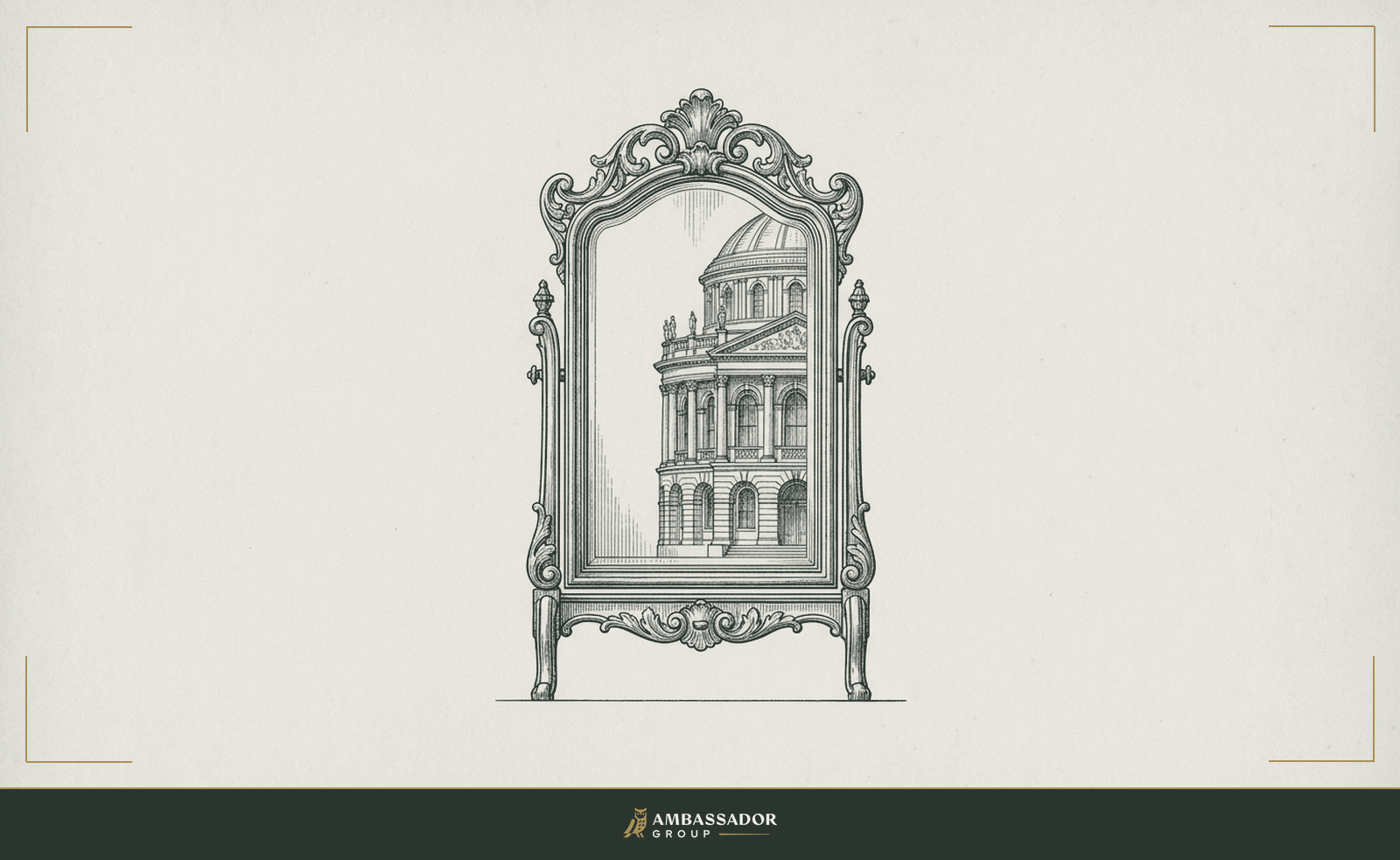 Engraving of an ornate mirror reflecting a building's facade, an organization shown as the reflection of its leader.