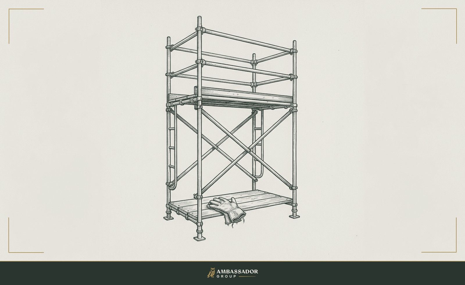 Antique engraving illustration. A fully erected scaffold frame rendered in precise linework, its steel tubes and couplers mechanically perfect, while a single worn glove rests on the lowest platform.