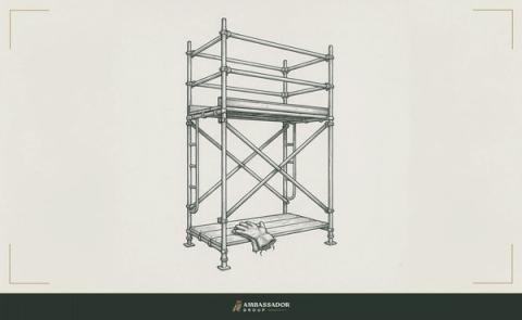 Antique engraving illustration. A fully erected scaffold frame rendered in precise linework, its steel tubes and couplers mechanically perfect, while a single worn glove rests on the lowest platform.