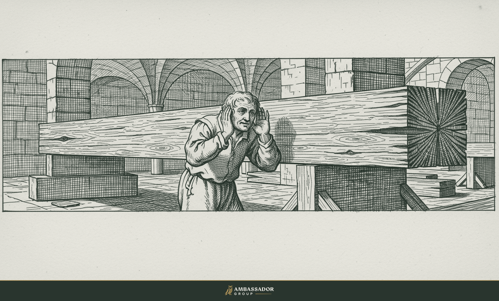 Antique engraving illustration. A craftsman pressing his ear close to a long timber beam, listening intently to understand its true hidden condition.