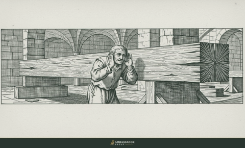 Antique engraving illustration. A craftsman pressing his ear close to a long timber beam, listening intently to understand its true hidden condition.