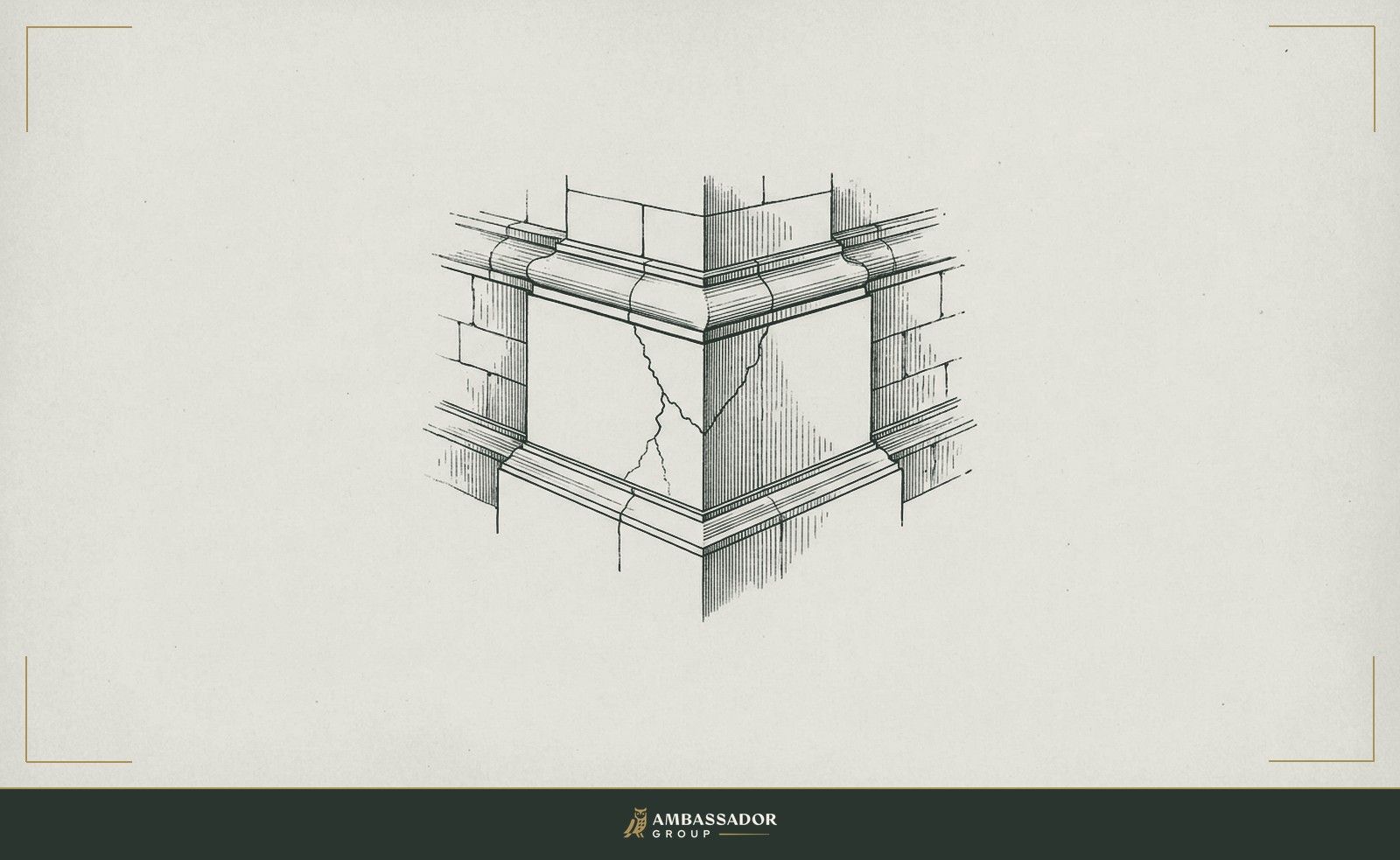 Antique engraving illustration. A master builder's cornerstone set with precision, a crack running through it from within, the foundation dressed to appear sound from the outside.