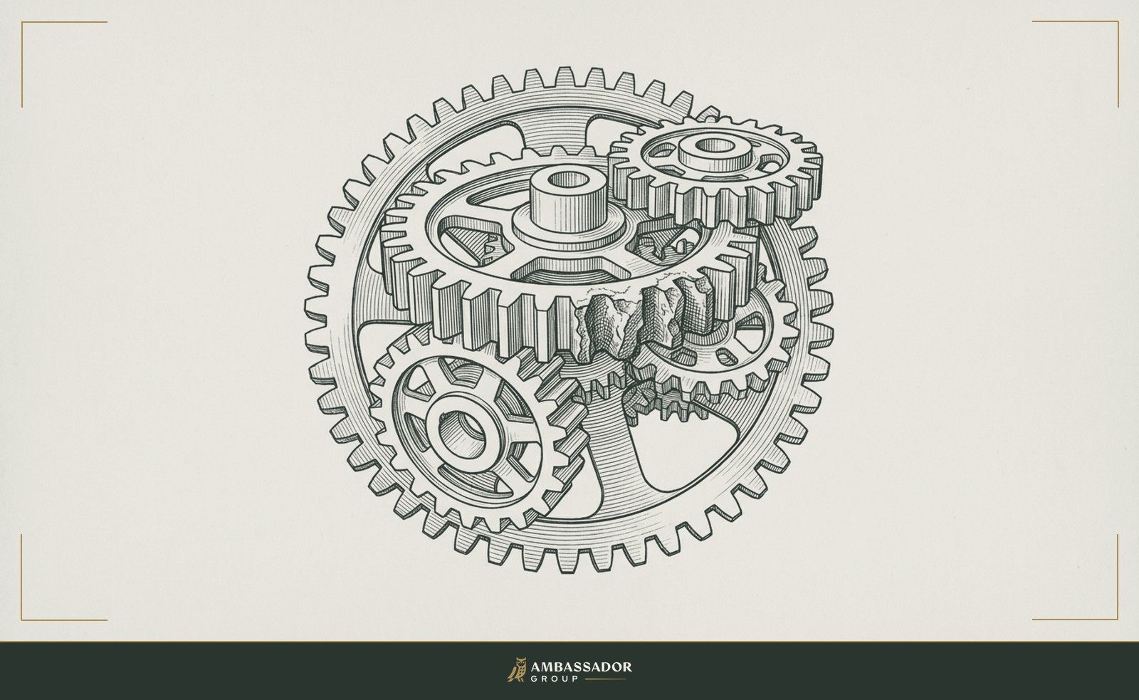 Antique engraving illustration. A healthy machine gear assembly with one visibly corroded and malformed tooth, the single compromised component that will eventually destroy the whole mechanism's rhythm.