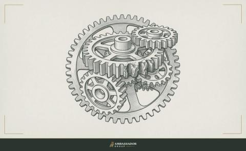 Antique engraving illustration. A healthy machine gear assembly with one visibly corroded and malformed tooth, the single compromised component that will eventually destroy the whole mechanism's rhythm.