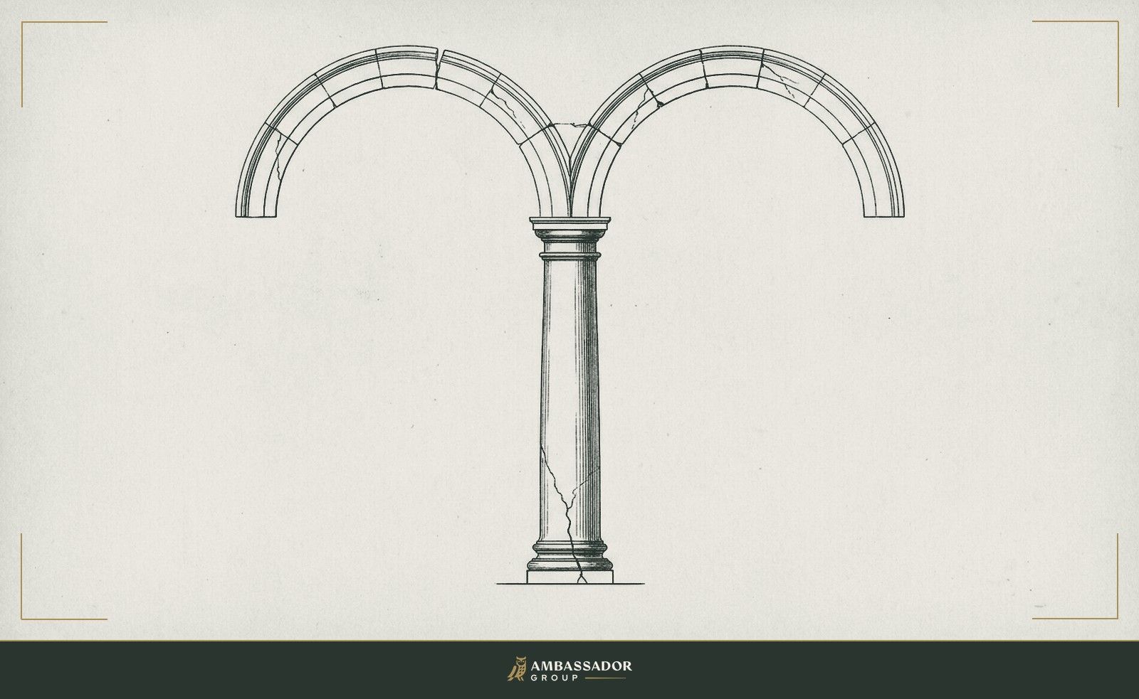 Antique engraving illustration. A single load-bearing column with a hairline fracture at its base, with a series of connected arches above it beginning to separate.