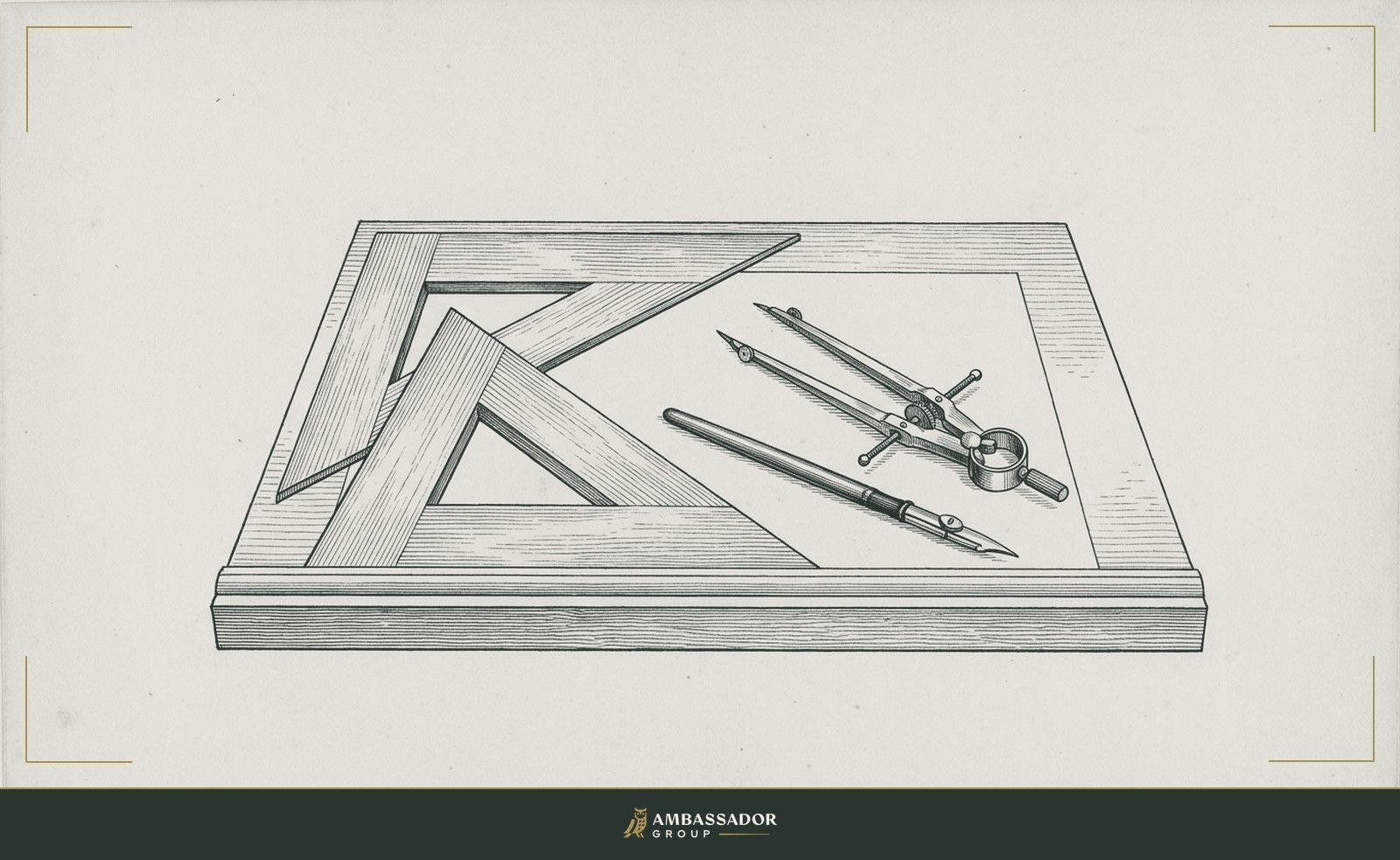 Antique engraving illustration. A draftsman's set square, dividers, and a ruling pen lie precisely arranged on a clean drawing board.