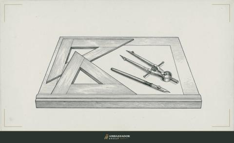 Antique engraving illustration. A draftsman's set square, dividers, and a ruling pen lie precisely arranged on a clean drawing board.