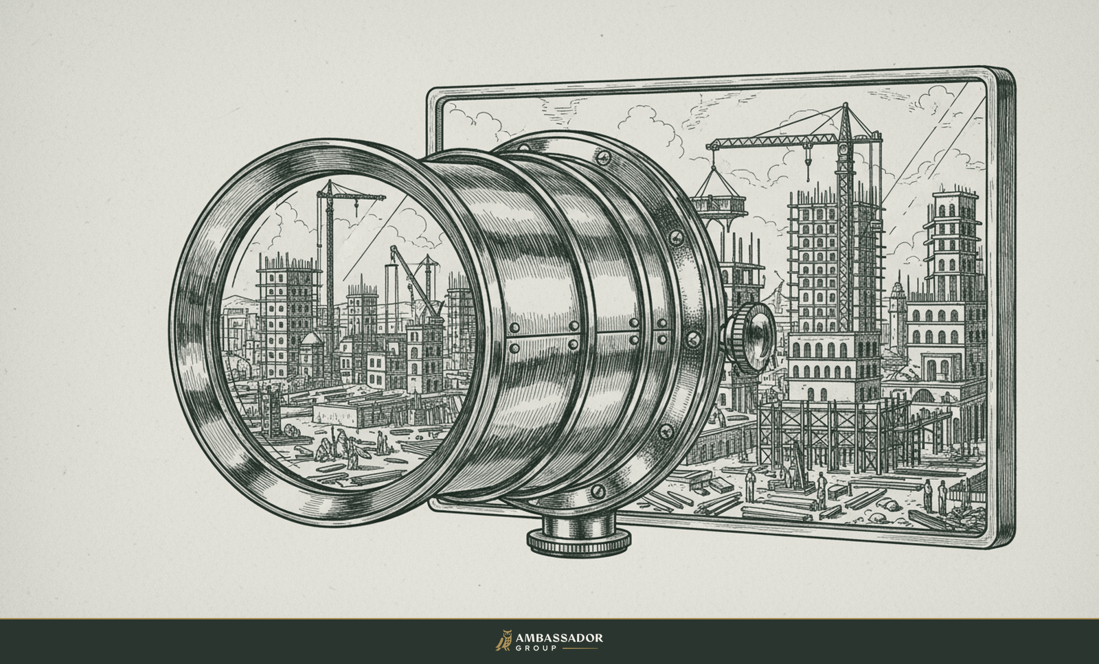 Antique engraving illustration. A wide panoramic brass lens bringing an entire construction site into crisp complete focus on a glass plate.