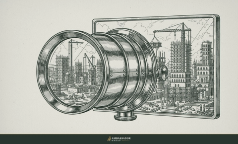 Antique engraving illustration. A wide panoramic brass lens bringing an entire construction site into crisp complete focus on a glass plate.
