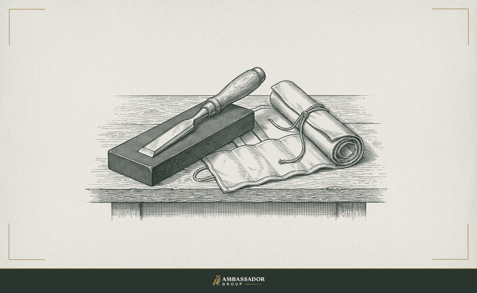 Antique engraving illustration. A carpenter's chisel rests on an oiled sharpening stone beside a rolled canvas tool roll on a workbench.