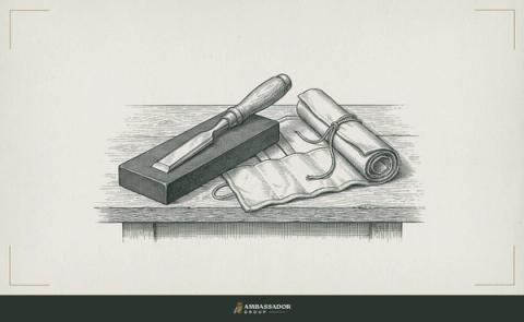 Antique engraving illustration. A carpenter's chisel rests on an oiled sharpening stone beside a rolled canvas tool roll on a workbench.