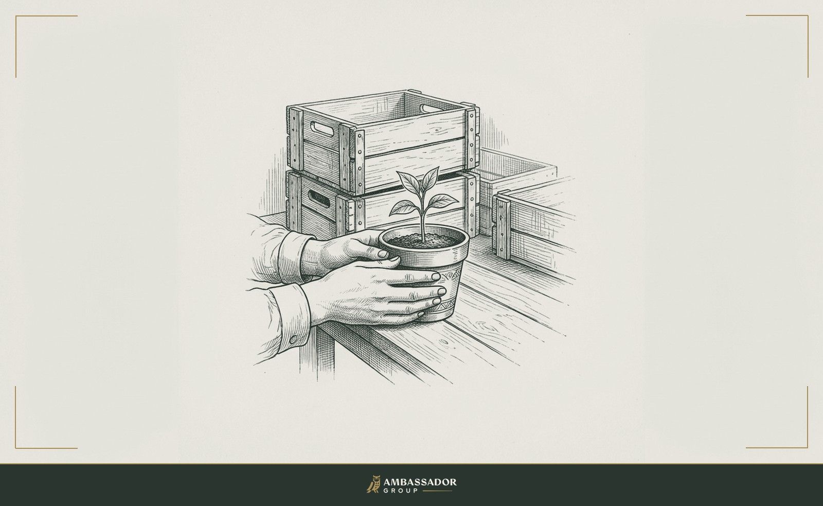 Antique engraving illustration. A solitary potted seedling tended by careful hands on a workbench, surrounded by empty industrial crates stacked in the background, the plant clearly distinct from the freight.