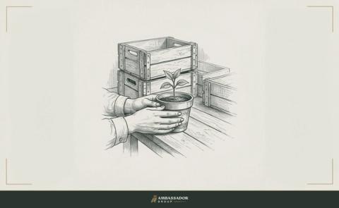 Antique engraving illustration. A solitary potted seedling tended by careful hands on a workbench, surrounded by empty industrial crates stacked in the background, the plant clearly distinct from the freight.