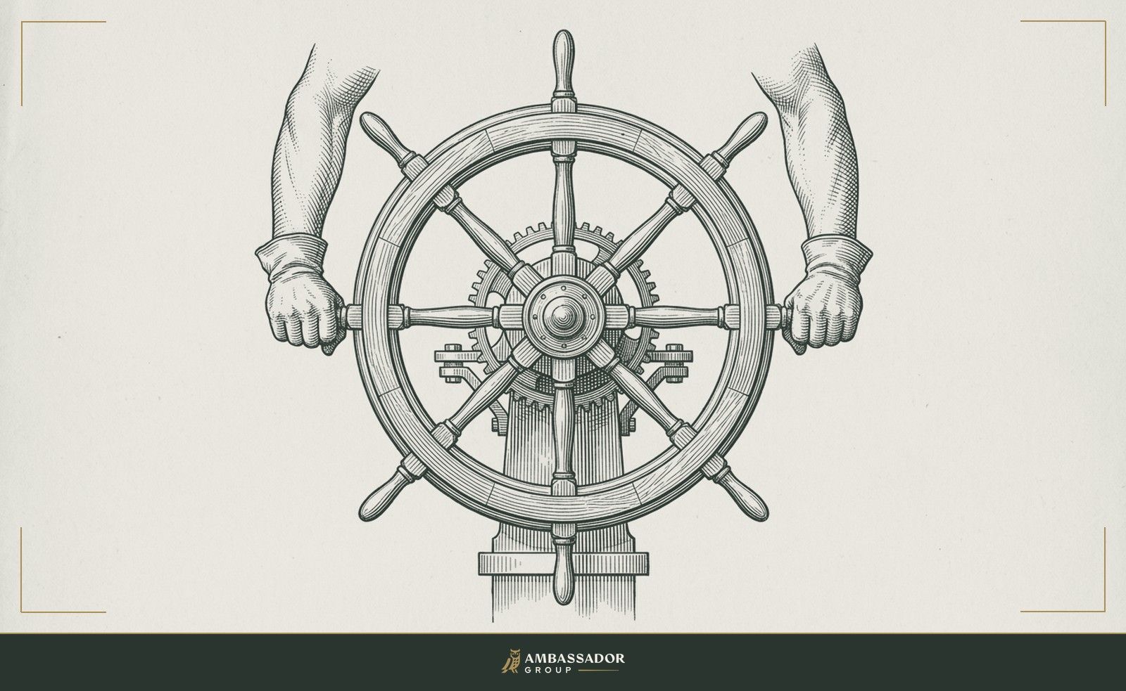 Antique engraving illustration. A ship's wheel mounted firmly at the helm, with a pair of hands gripping it at the nine and three positions, ownership signaled through posture, not just presence.