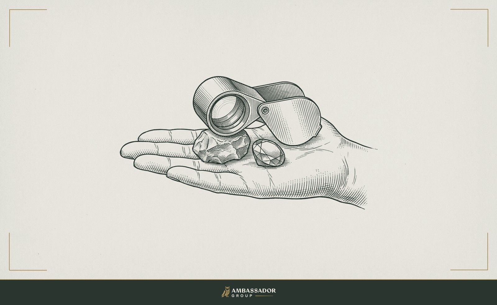 Antique engraving illustration. A jeweler's loupe resting on a palm, a rough stone beneath it, a polished stone beside it for comparison.