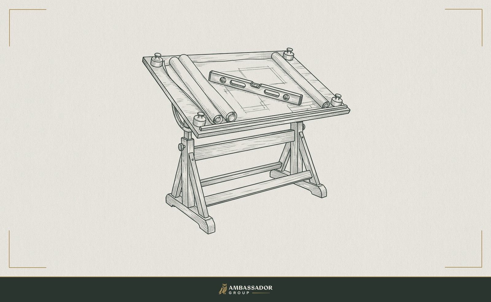 Antique engraving illustration. An construction drawings rolled open on a drafting table, held flat at the corners, a level resting across the top sheet.