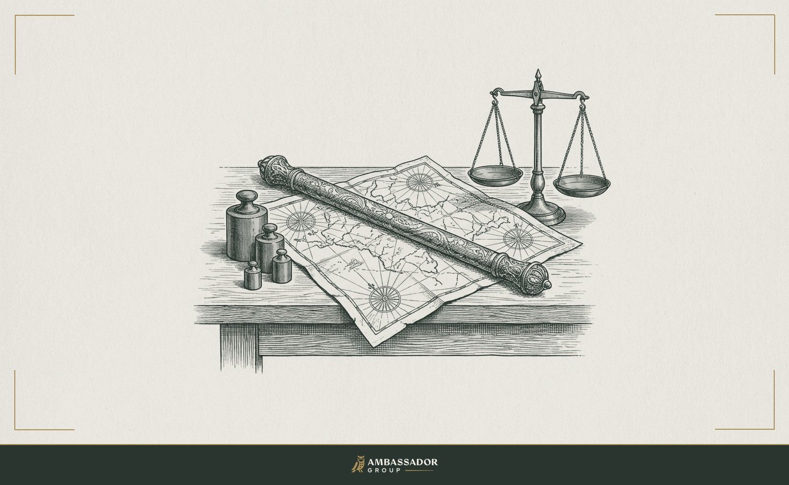 Antique engraving illustration. A commander's baton resting on a folded map, a set of brass weights nearby on the table, none of them placed on the scale beside them.