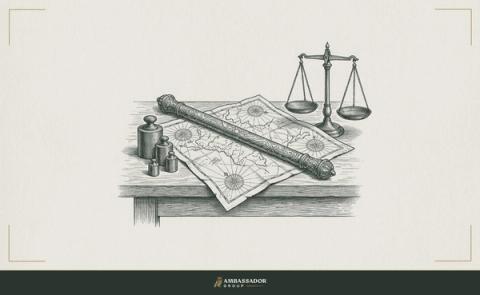 Antique engraving illustration. A commander's baton resting on a folded map, a set of brass weights nearby on the table, none of them placed on the scale beside them.