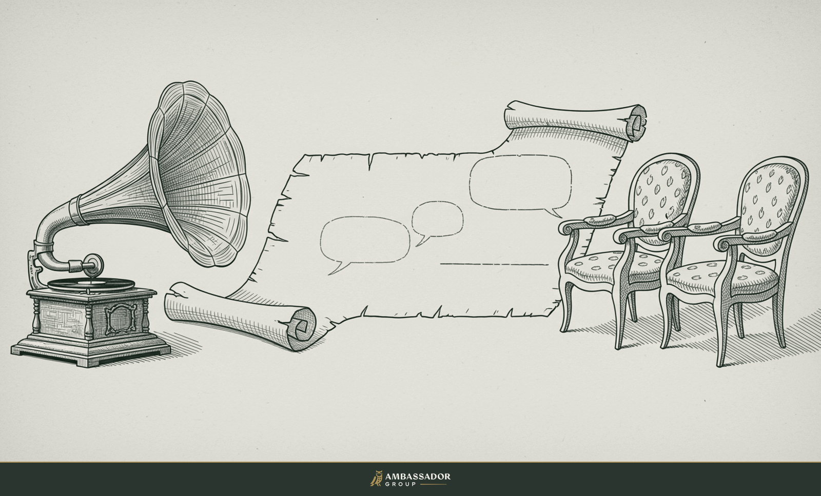 Antique engraving illustration. An antique phonograph horn beside a long unfurled scribe's transcript scroll capturing a conversation between two empty chairs.