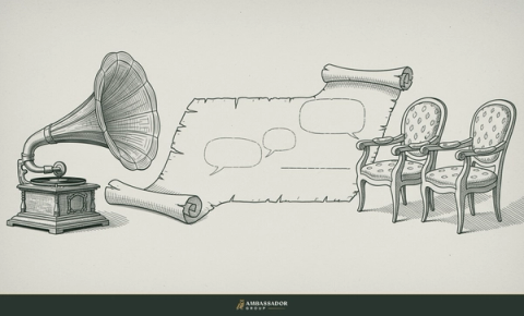 Antique engraving illustration. An antique phonograph horn beside a long unfurled scribe's transcript scroll capturing a conversation between two empty chairs.
