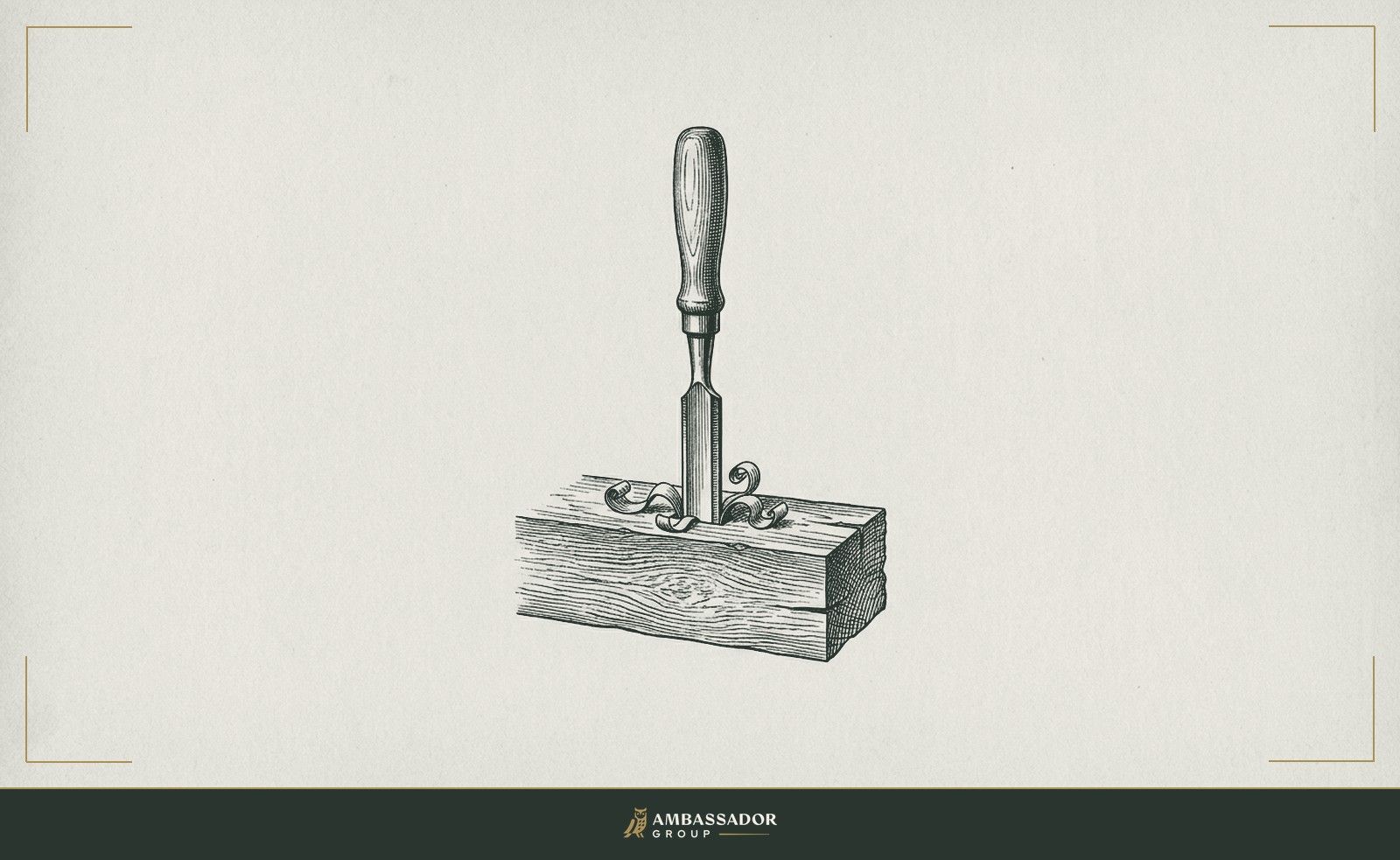 Antique engraving illustration. A deep mortise chisel driven cleanly into a single thick timber plank, shavings curled at the base, nothing else in the frame.