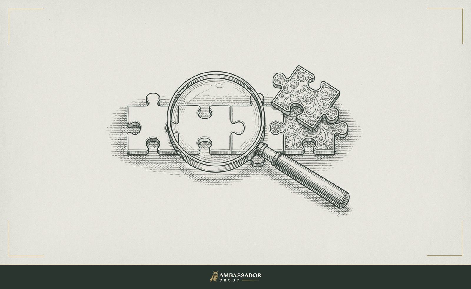 Antique engraving illustration. A magnifying glass held over a row of identical puzzle pieces, one piece lifted and rotated to reveal a distinct underside pattern invisible from above.