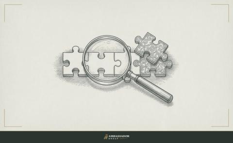 Antique engraving illustration. A magnifying glass held over a row of identical puzzle pieces, one piece lifted and rotated to reveal a distinct underside pattern invisible from above.