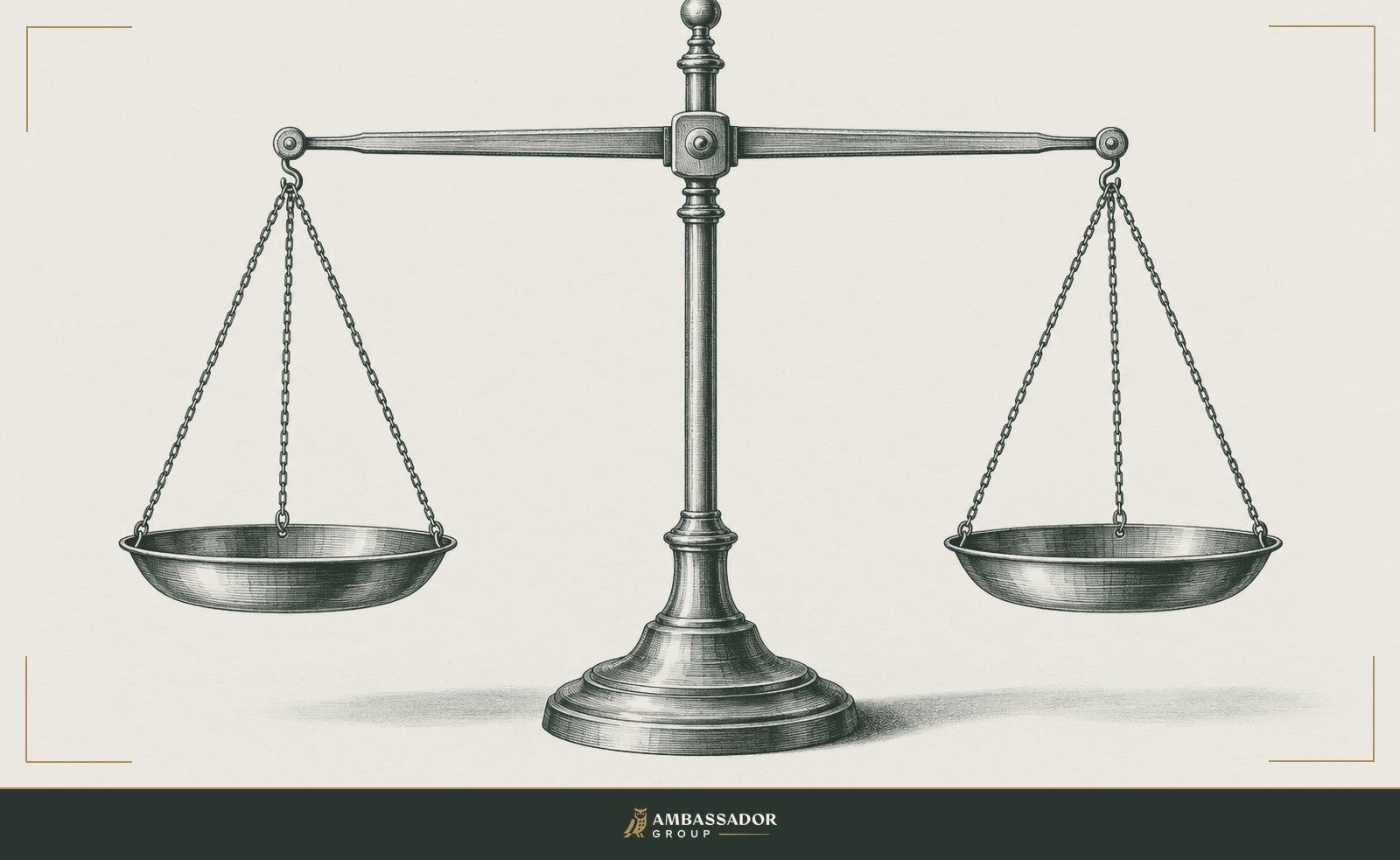 Antique engraving illustration. A finely balanced apothecary scale holds two empty brass pans level on a slender beam.