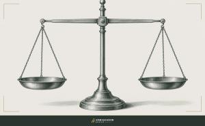 Antique engraving illustration. A finely balanced apothecary scale holds two empty brass pans level on a slender beam.