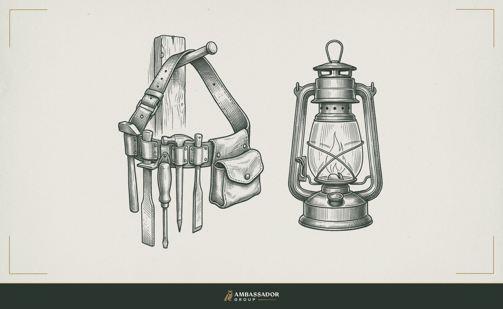 Antique engraving illustration. A carpenter's nail belt hung on a wall peg beside a still-burning lantern, the belt worn and marked with the years, the choice to stay legible in its patina.