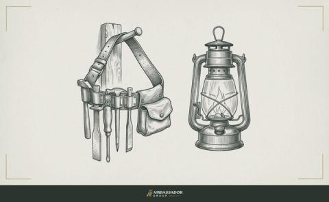 Antique engraving illustration. A carpenter's nail belt hung on a wall peg beside a still-burning lantern, the belt worn and marked with the years, the choice to stay legible in its patina.