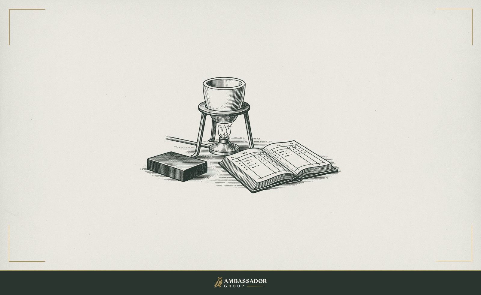 Antique engraving illustration. An assayer's crucible on a trivet above a low flame, beside it a touchstone and a ledger open to a character-score column, tools of evidence not impression.