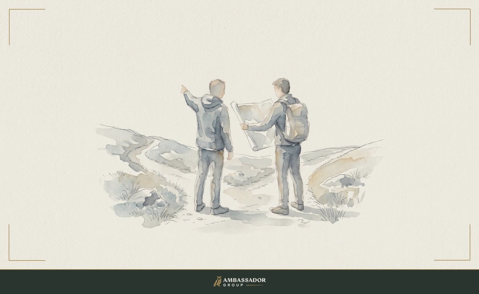 Watercolor illustration. Two hikers stand together at a fork in a trail on an open hillside, one pointing the way while the other studies a map.