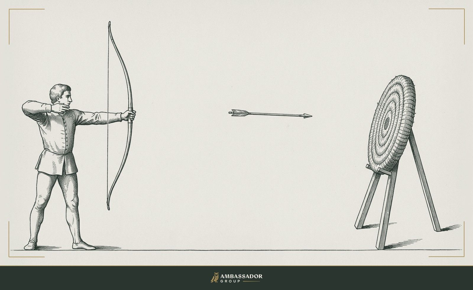 Antique engraving of an archer in side profile following through after releasing a longbow, with the arrow in flight toward a straw target on a tripod stand.