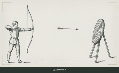 Antique engraving of an archer in side profile following through after releasing a longbow, with the arrow in flight toward a straw target on a tripod stand.