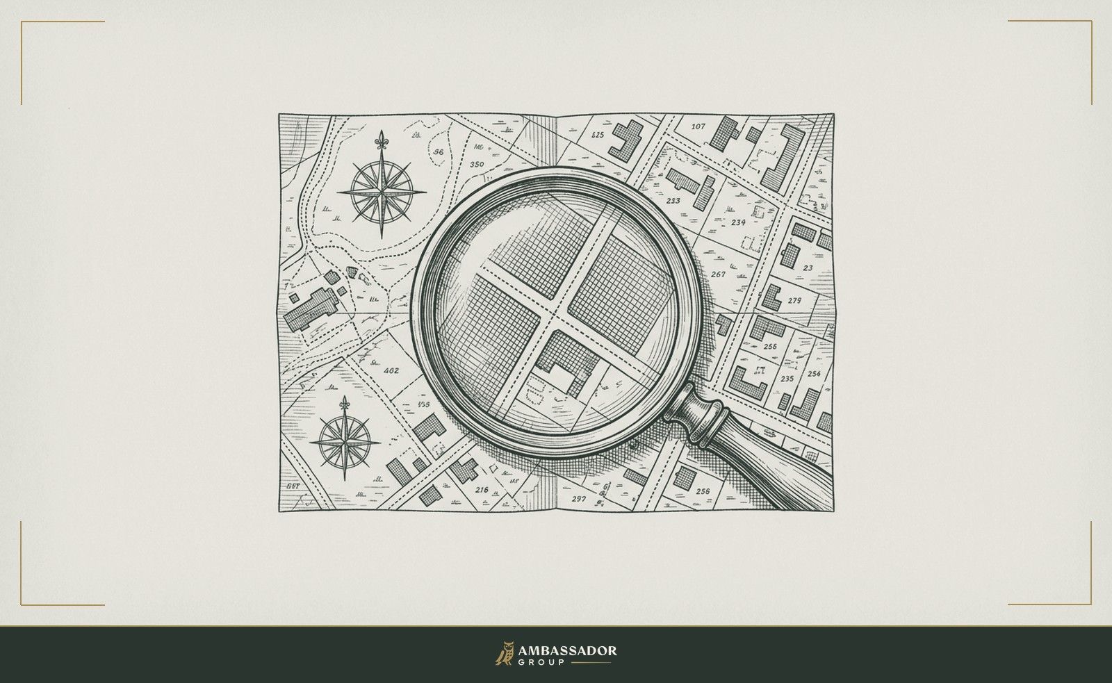 Antique engraving illustration. A brass magnifying glass resting atop a densely annotated survey map, its lens positioned over a precise grid intersection, suggesting evidence illuminated by scrutiny.
