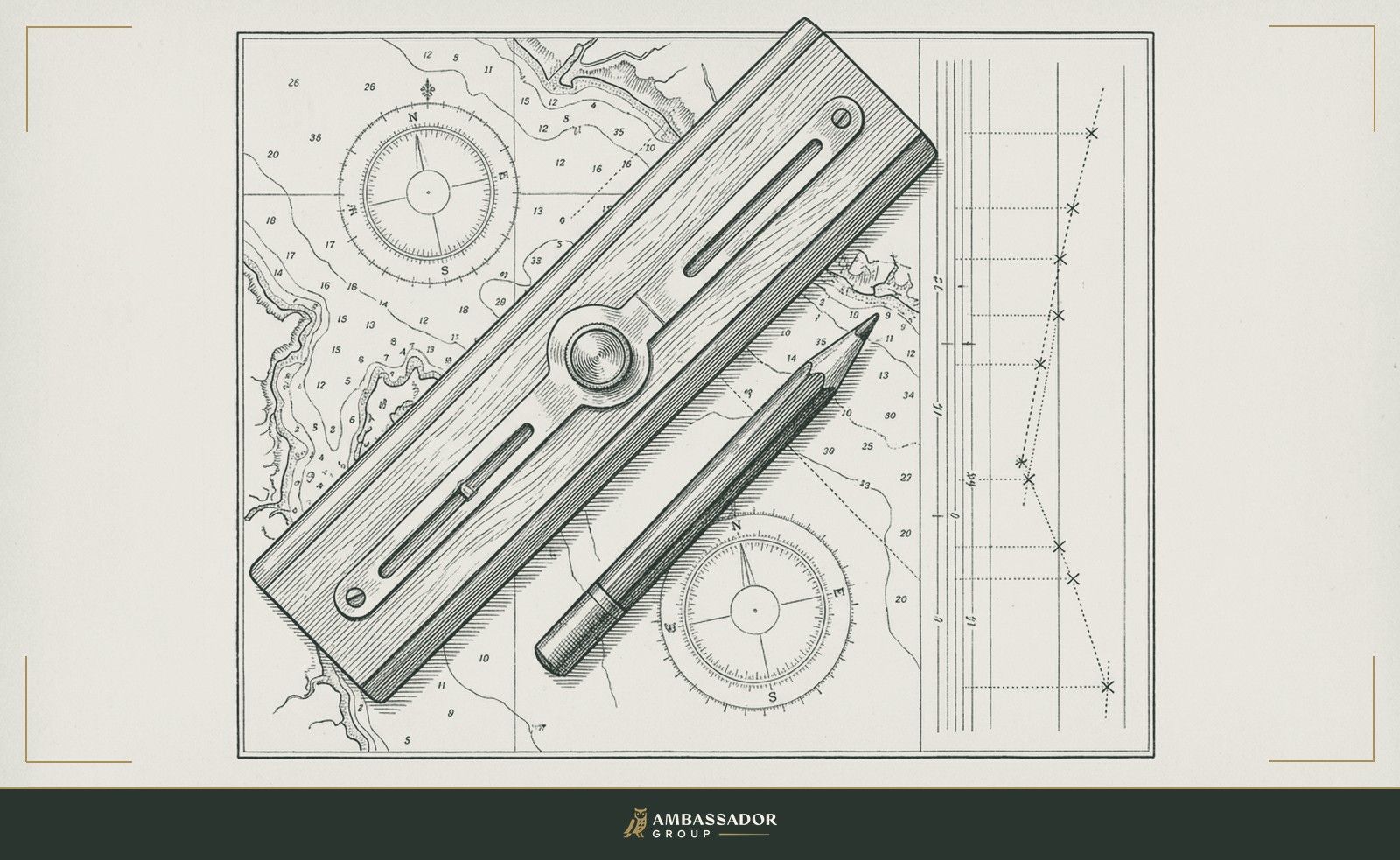 Antique engraving illustration. A navigator's parallel rules and a grease pencil resting on a chart, each measurement marked in a methodical column, the position plotted with no guesswork.