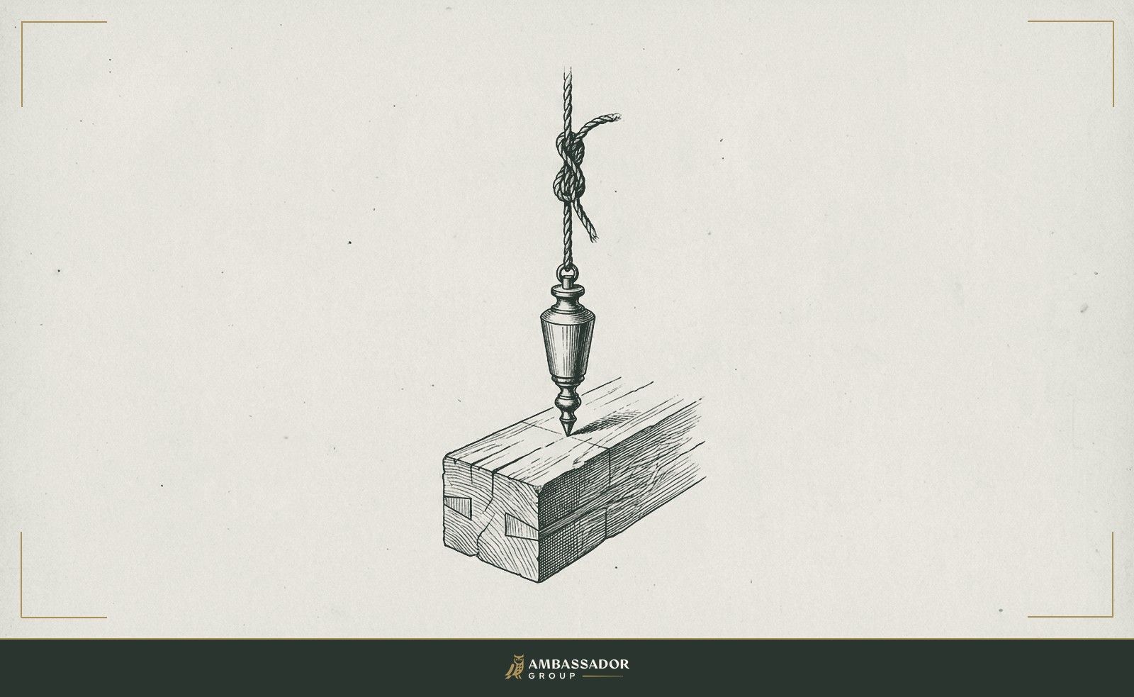 Antique engraving illustration. A brass plumb bob hangs motionless from a knotted cord, its point resting above a squared timber beam.