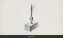 Antique engraving illustration. A brass plumb bob hangs motionless from a knotted cord, its point resting above a squared timber beam.