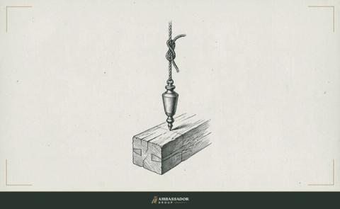 Antique engraving illustration. A brass plumb bob hangs motionless from a knotted cord, its point resting above a squared timber beam.