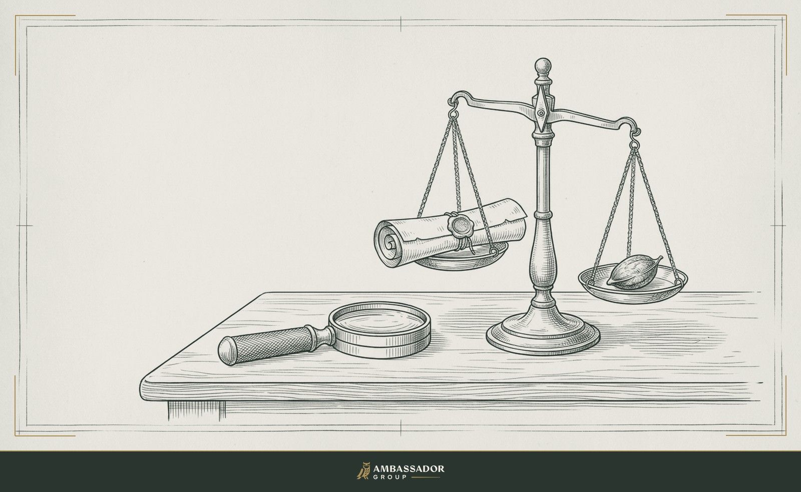 Antique engraving illustration. A jeweler's loupe resting beside a set of balance scales, one pan holding a folded document, the other holding a single seed.